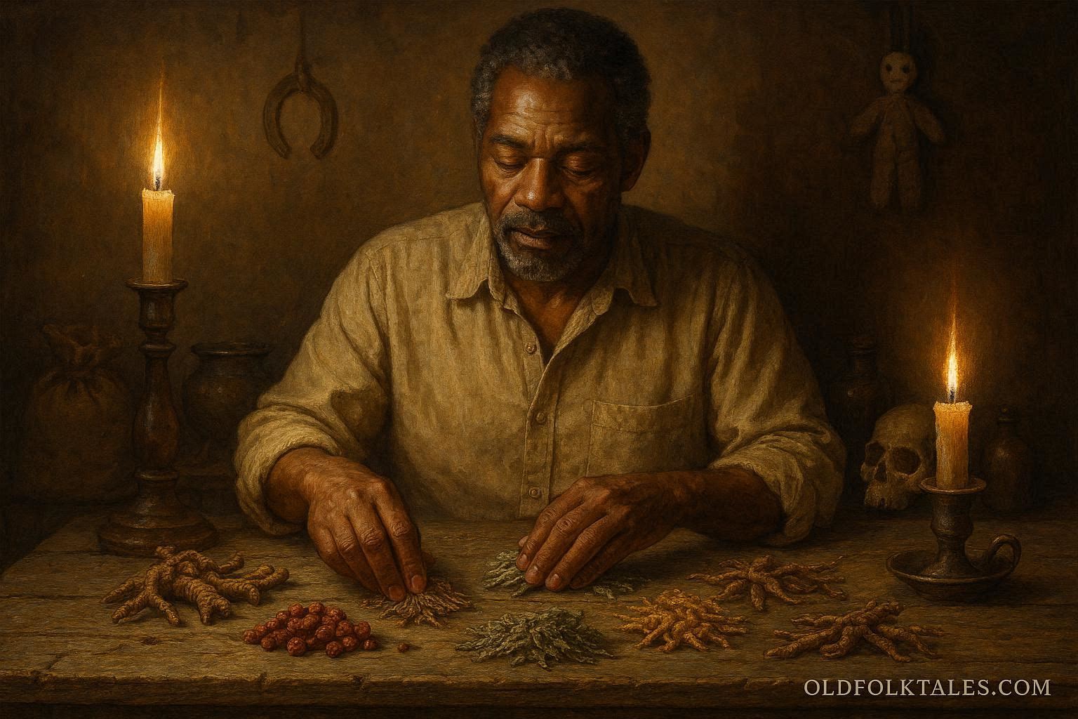 A hoodoo root doctor preparing spiritual remedies with herbs, candles, and charms in a dimly lit room