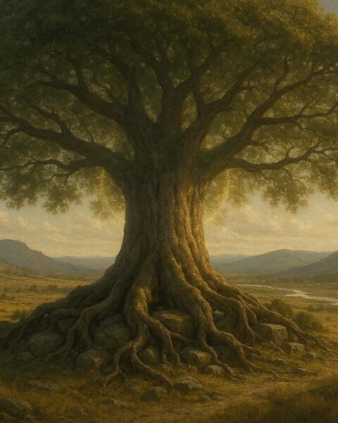 An ancient sacred tree in a sunlit valley, roots deep in the earth, branches reaching toward the sky