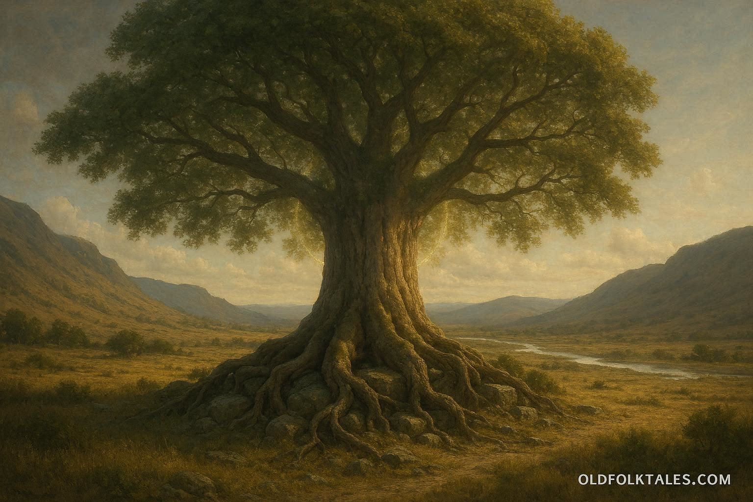 An ancient sacred tree in a sunlit valley, roots deep in the earth, branches reaching toward the sky