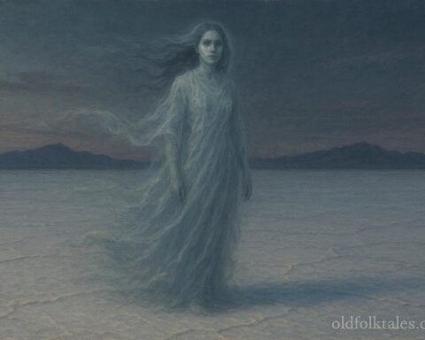 A ghostly woman standing alone on white salt flats, her form shimmering like a mirage