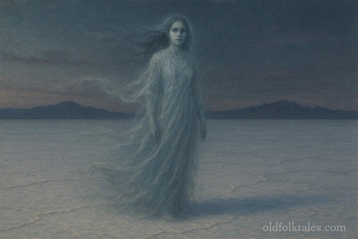 A ghostly woman standing alone on white salt flats, her form shimmering like a mirage