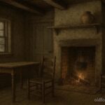 A clay seed jar resting on a wooden shelf inside an early American homestead cabin during winter, symbolizing restraint and future survival.