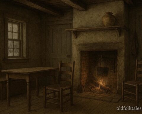 A clay seed jar resting on a wooden shelf inside an early American homestead cabin during winter, symbolizing restraint and future survival.