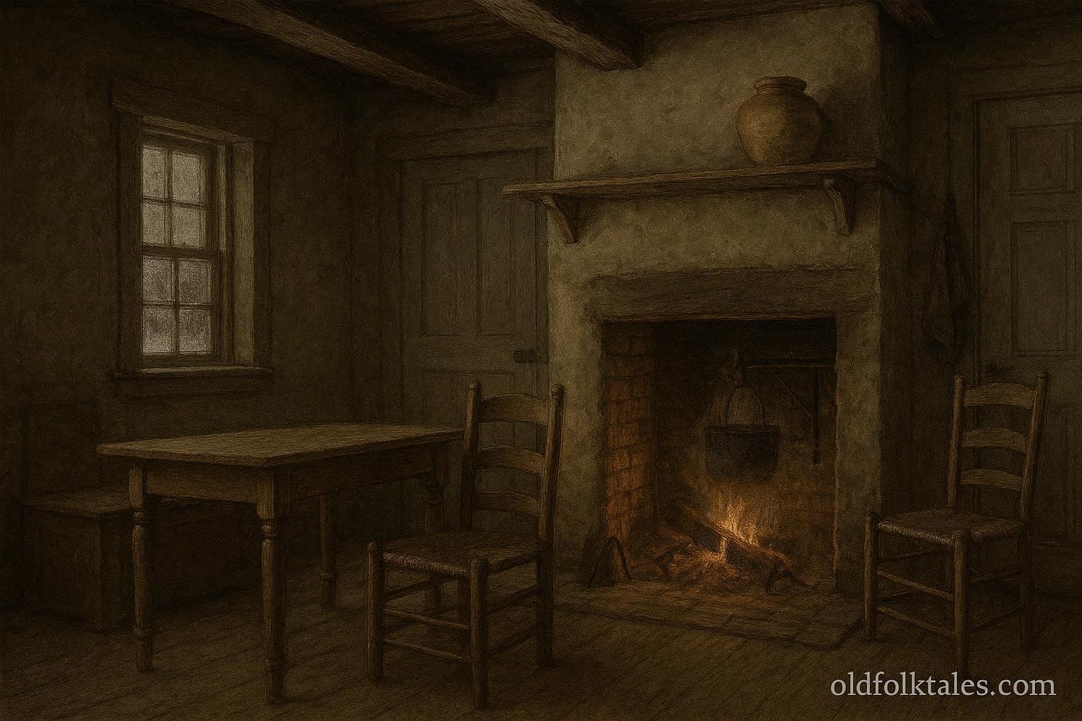 A clay seed jar resting on a wooden shelf inside an early American homestead cabin during winter, symbolizing restraint and future survival.