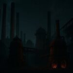 The abandoned Sloss Furnaces in Alabama showing rusted iron structures at night