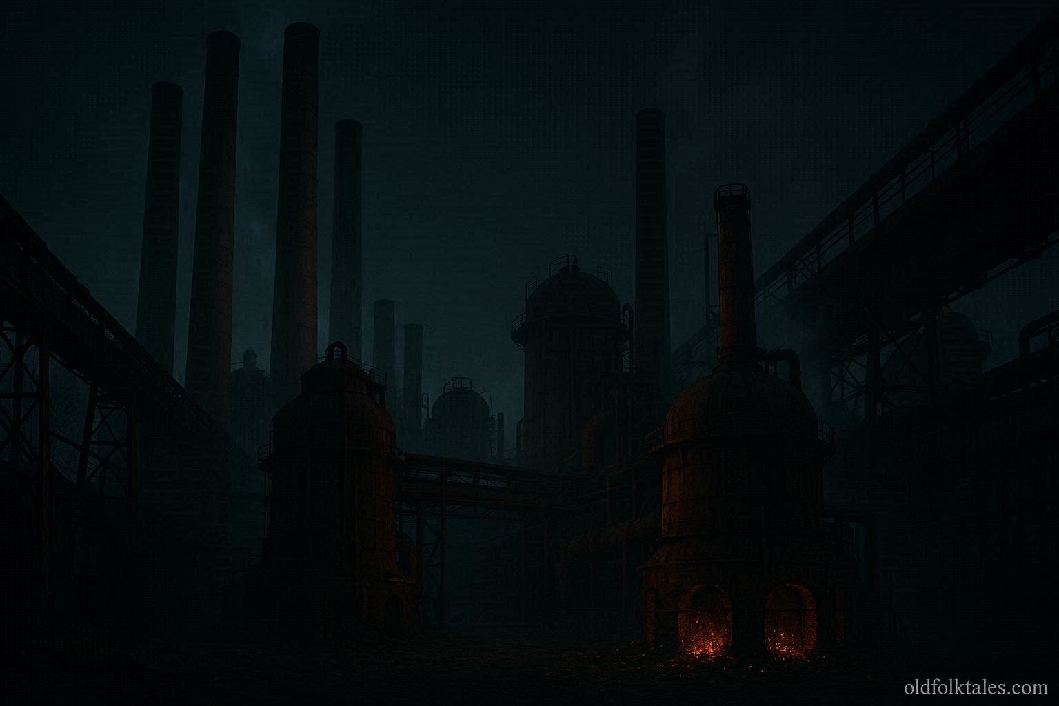 The abandoned Sloss Furnaces in Alabama showing rusted iron structures at night