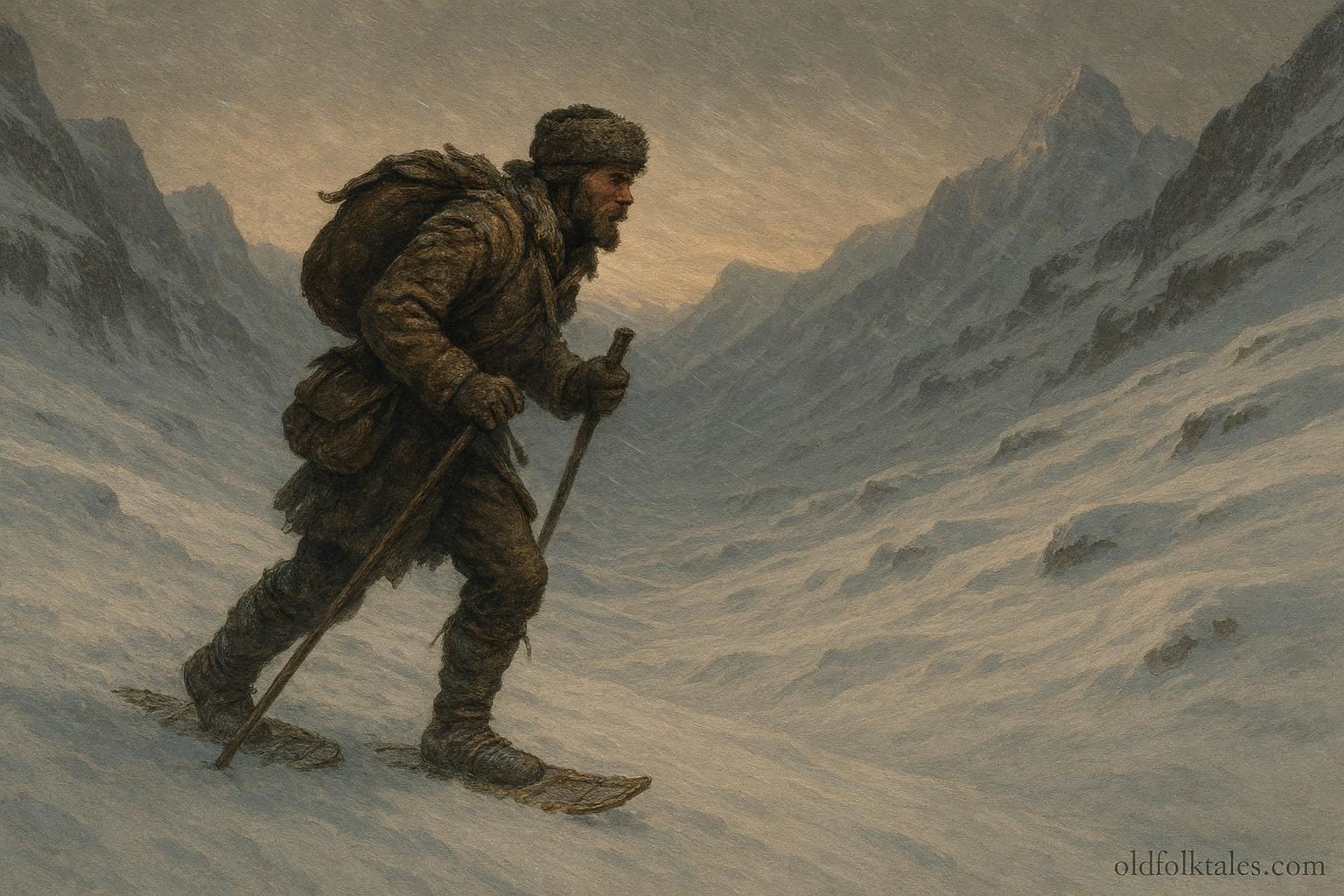 A solitary frontier messenger crossing a snow covered Sierra Nevada mountain pass in winter.