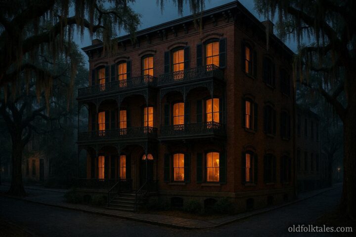 19th-century Sorrel-Weed House in Savannah, Georgia with brick exterior, iron balconies, Spanish moss, and illuminated windows, evoking a haunted ambiance.