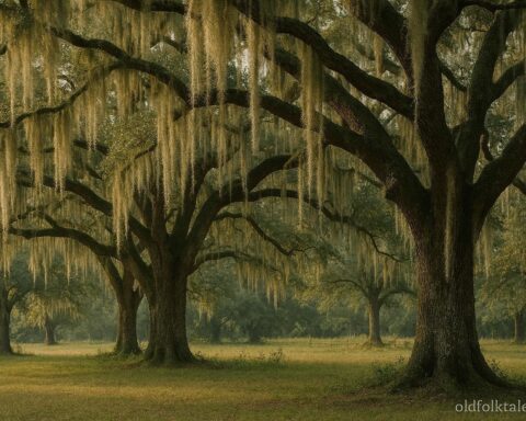 Spanish moss hanging from oak trees in a rural Southern landscape used in folk healing traditions