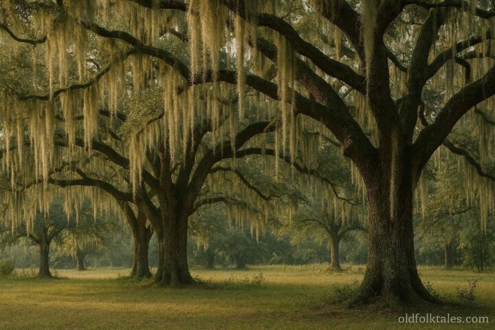 Spanish moss hanging from oak trees in a rural Southern landscape used in folk healing traditions