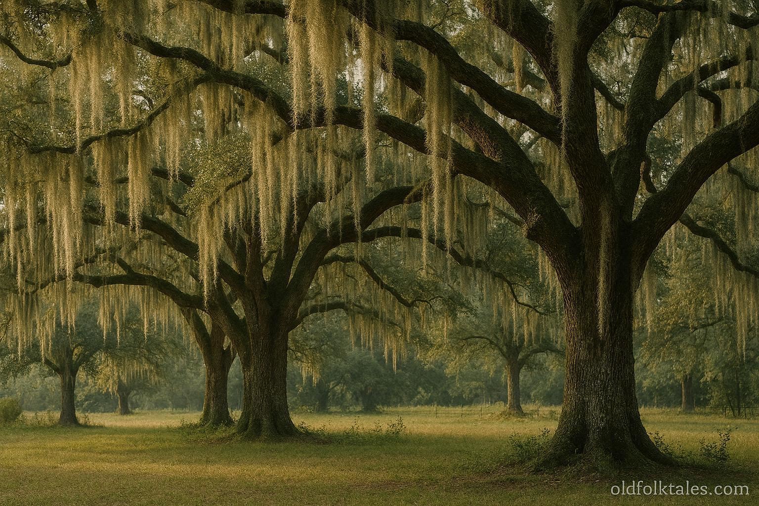 Spanish moss hanging from oak trees in a rural Southern landscape used in folk healing traditions
