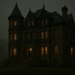 Historic stone mansion at night associated with family tragedy and hauntings