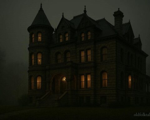 Historic stone mansion at night associated with family tragedy and hauntings