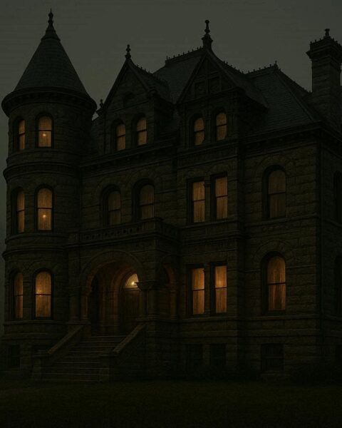 Historic stone mansion at night associated with family tragedy and hauntings