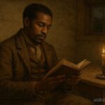 An African American man in a historical setting holding an open book with quiet curiosity and reflection