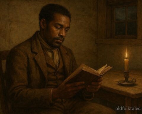 An African American man in a historical setting holding an open book with quiet curiosity and reflection