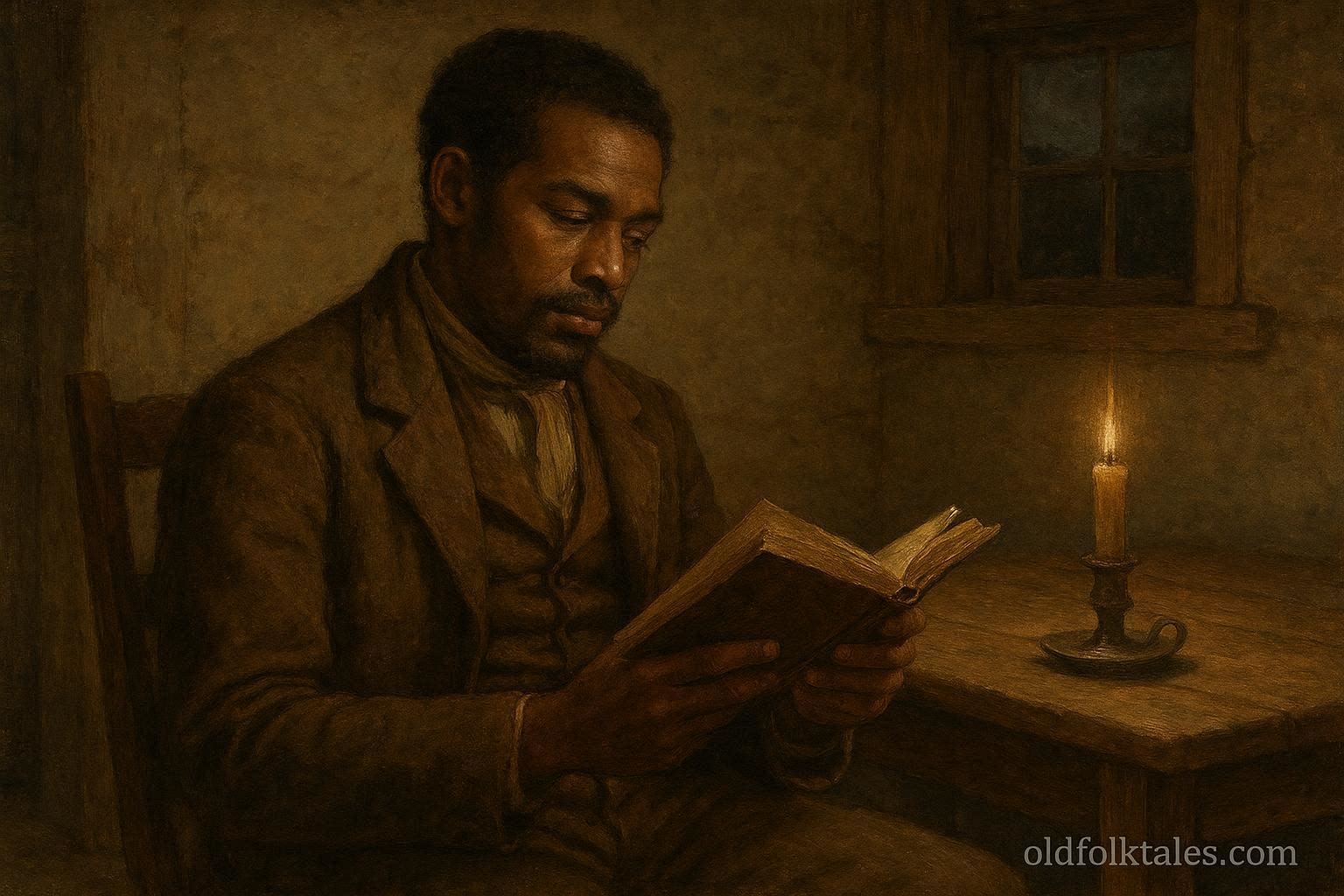 An African American man in a historical setting holding an open book with quiet curiosity and reflection