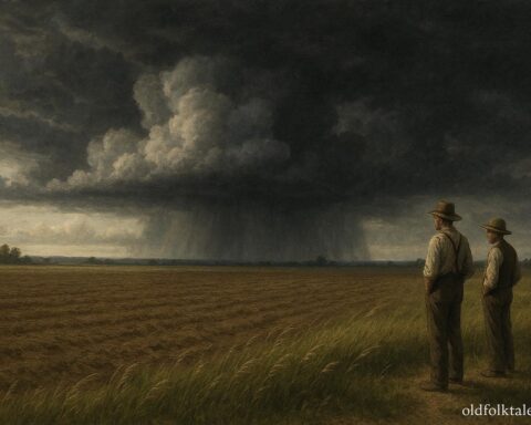 Midwestern farmers pausing planting as thunderclouds gather over resting fields