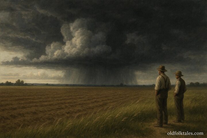 Midwestern farmers pausing planting as thunderclouds gather over resting fields