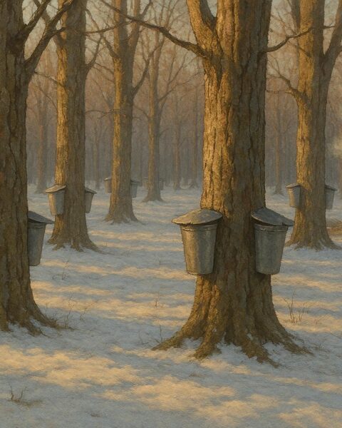 Sugar maple trees tapped for sap during late winter thaw