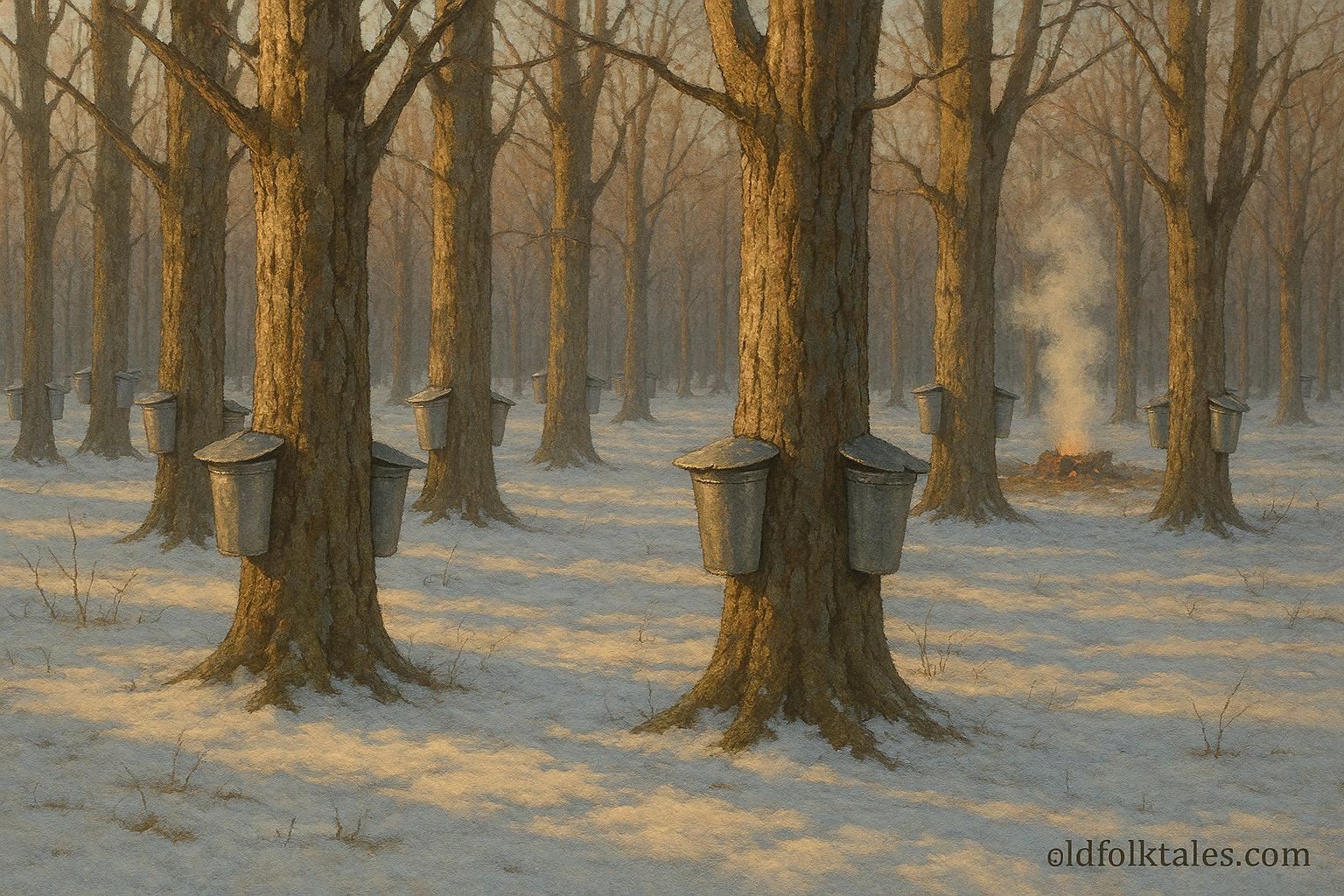 Sugar maple trees tapped for sap during late winter thaw