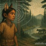 A Klamath boy listens carefully at the edge of a northern forest with pines and river, faint glowing warning ripples in the air, a distant mountain lion