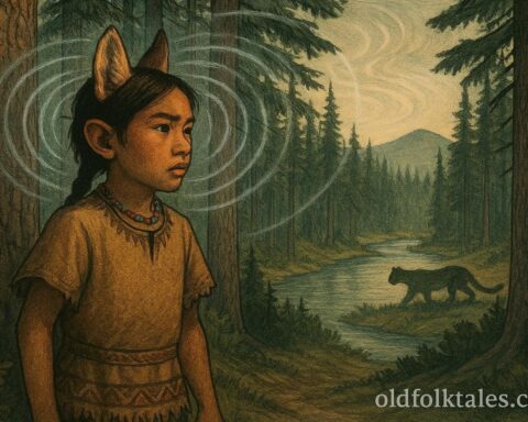 A Klamath boy listens carefully at the edge of a northern forest with pines and river, faint glowing warning ripples in the air, a distant mountain lion