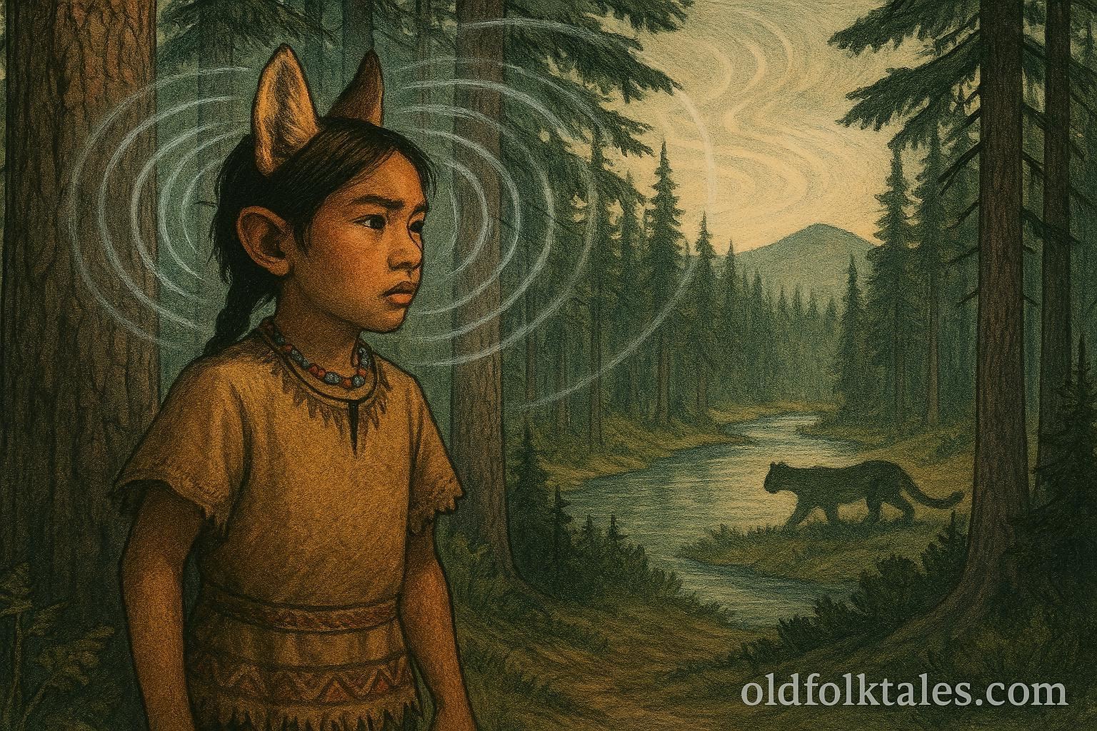 A Klamath boy listens carefully at the edge of a northern forest with pines and river, faint glowing warning ripples in the air, a distant mountain lion