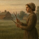 Early American dowser using a forked branch to locate water in a farm field