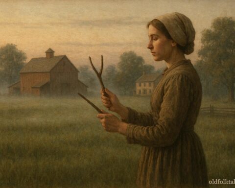 Early American dowser using a forked branch to locate water in a farm field