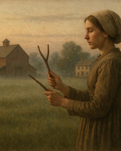 Early American dowser using a forked branch to locate water in a farm field