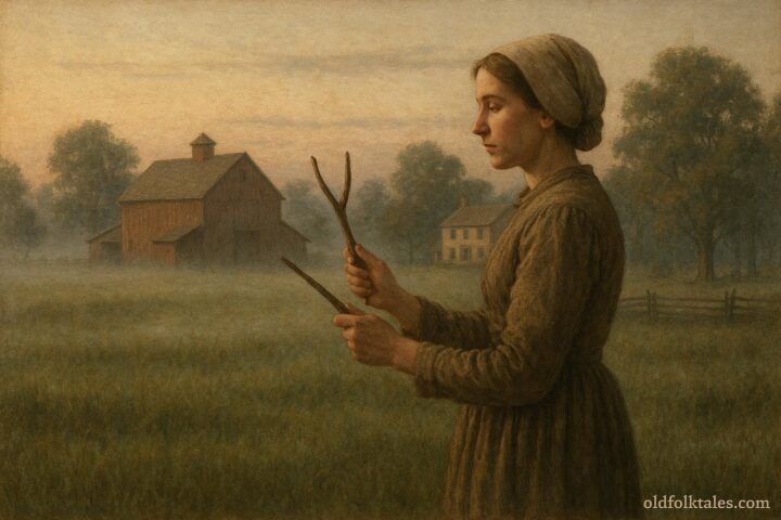 Early American dowser using a forked branch to locate water in a farm field