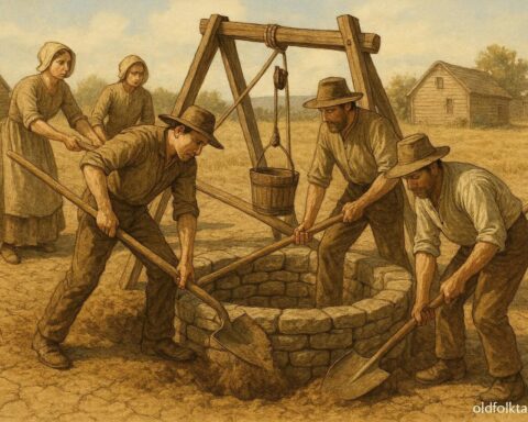 Early American settlers digging a communal well in dry summer conditions as preparation for future hardship.