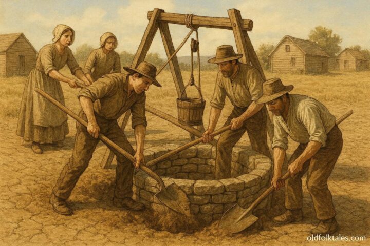 Early American settlers digging a communal well in dry summer conditions as preparation for future hardship.