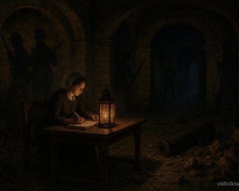 A lone woman writing in a ledger by lantern light in the Alamo at night, surrounded by debris and shadows, historical scene