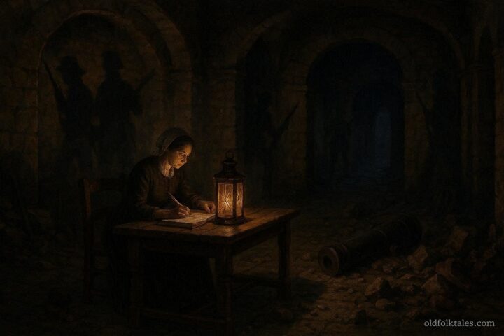 A lone woman writing in a ledger by lantern light in the Alamo at night, surrounded by debris and shadows, historical scene