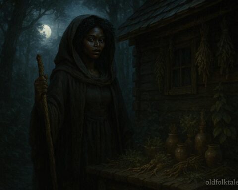 A hoodoo witch in the forest with herbs and roots, standing silently as if observing travelers