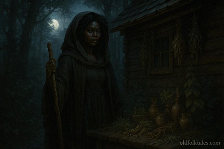A hoodoo witch in the forest with herbs and roots, standing silently as if observing travelers