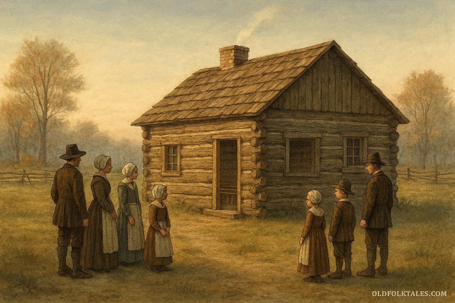 A small wooden schoolhouse standing in a colonial American settlement with families gathered nearby