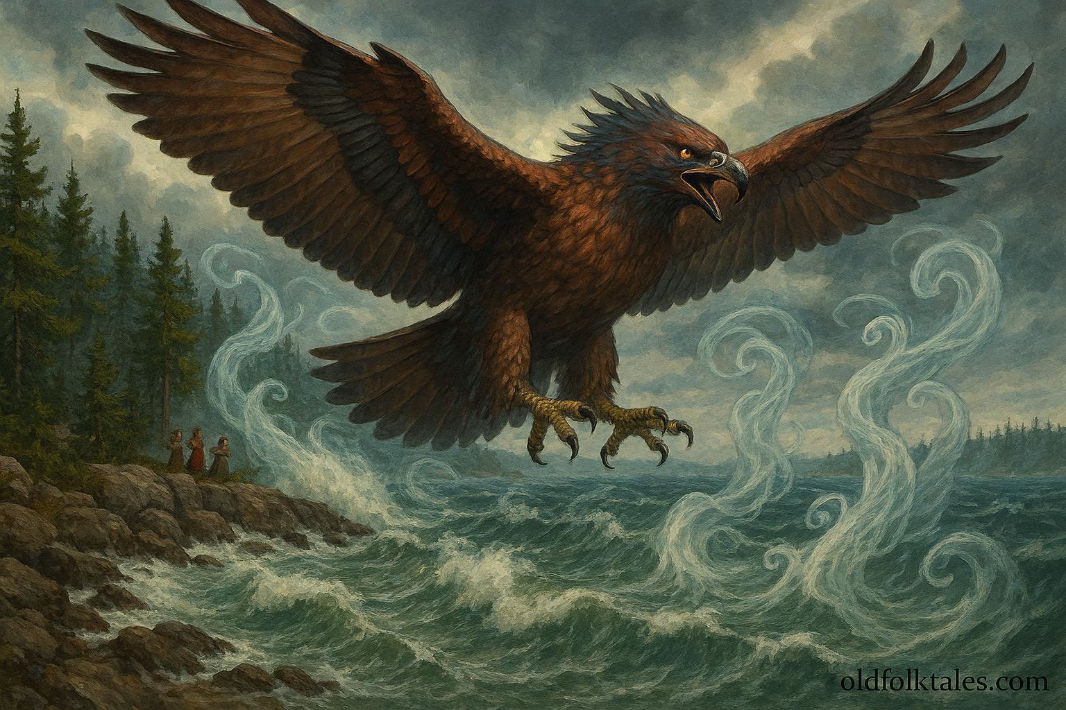 Thunderbird flying over a turbulent Great Lakes shoreline, pushing back swirling water spirits, pine forests and villagers in the background