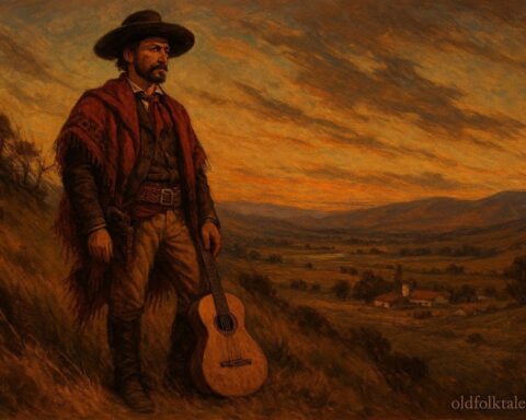 Ballad portrayal of Tiburcio Vásquez overlooking Californian ranchlands