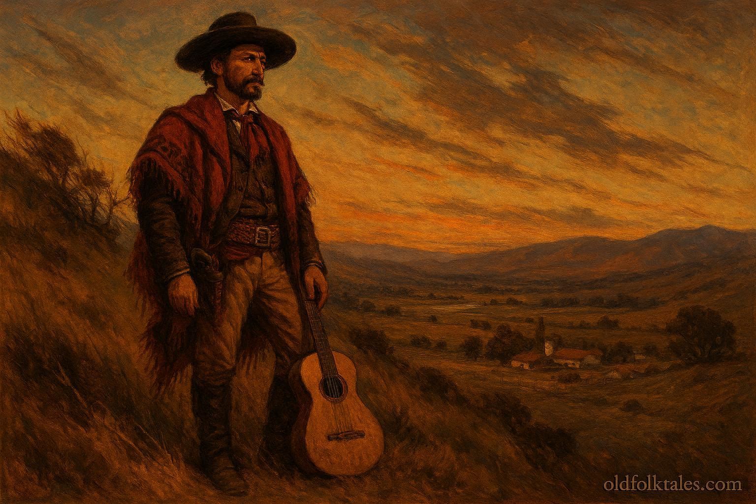 Ballad portrayal of Tiburcio Vásquez overlooking Californian ranchlands