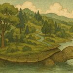 Turtle supporting the land as forests and rivers form on its shell in an origin story illustration.