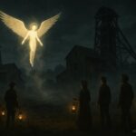 A glowing humanoid with wings hovers near abandoned Iowa mines at night while townspeople observe with lanterns