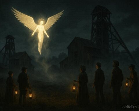 A glowing humanoid with wings hovers near abandoned Iowa mines at night while townspeople observe with lanterns
