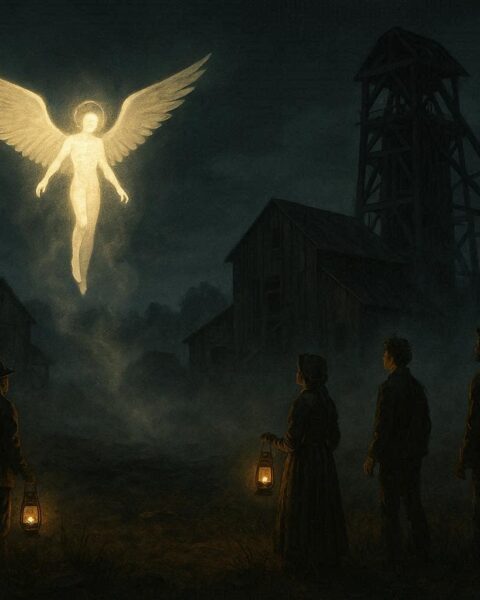 A glowing humanoid with wings hovers near abandoned Iowa mines at night while townspeople observe with lanterns