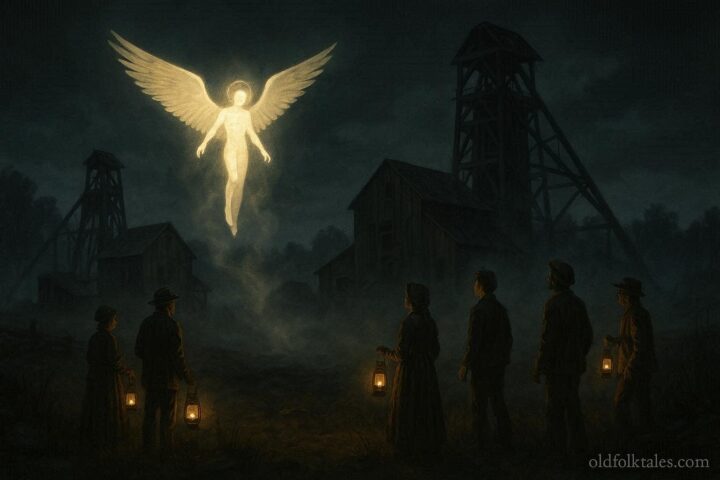 A glowing humanoid with wings hovers near abandoned Iowa mines at night while townspeople observe with lanterns