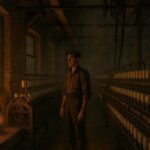 A 19th century mill worker standing alert inside a textile factory as smoke lingers in the air