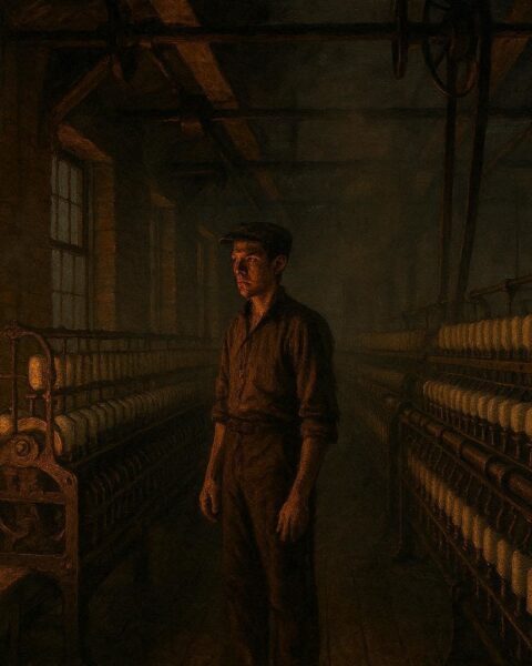 A 19th century mill worker standing alert inside a textile factory as smoke lingers in the air