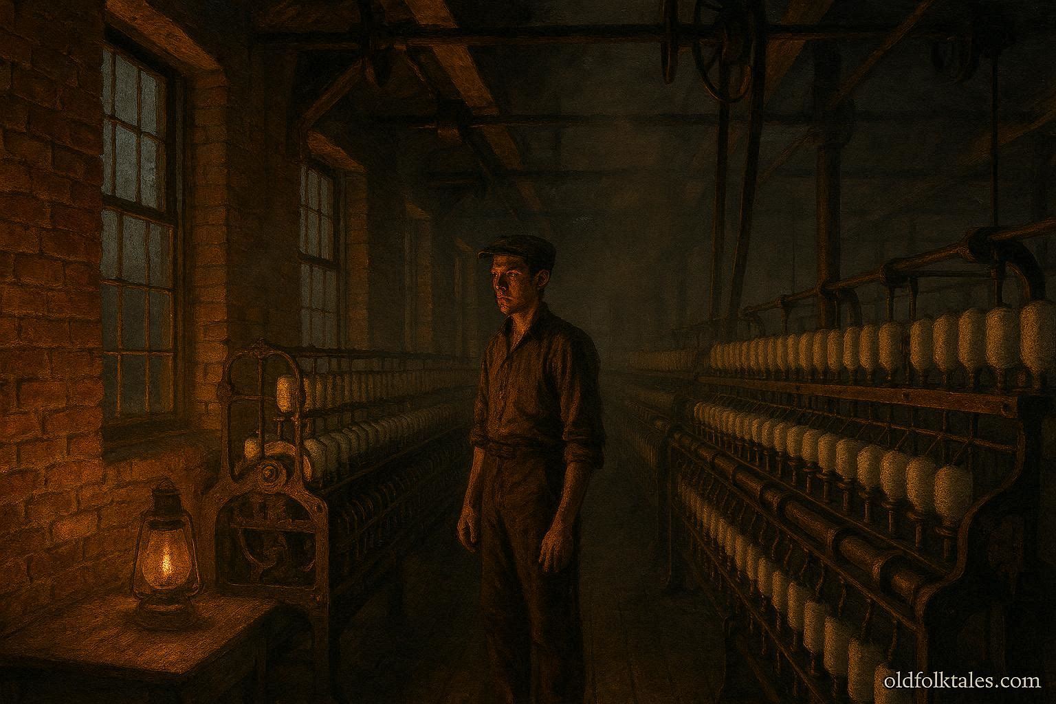 A 19th century mill worker standing alert inside a textile factory as smoke lingers in the air